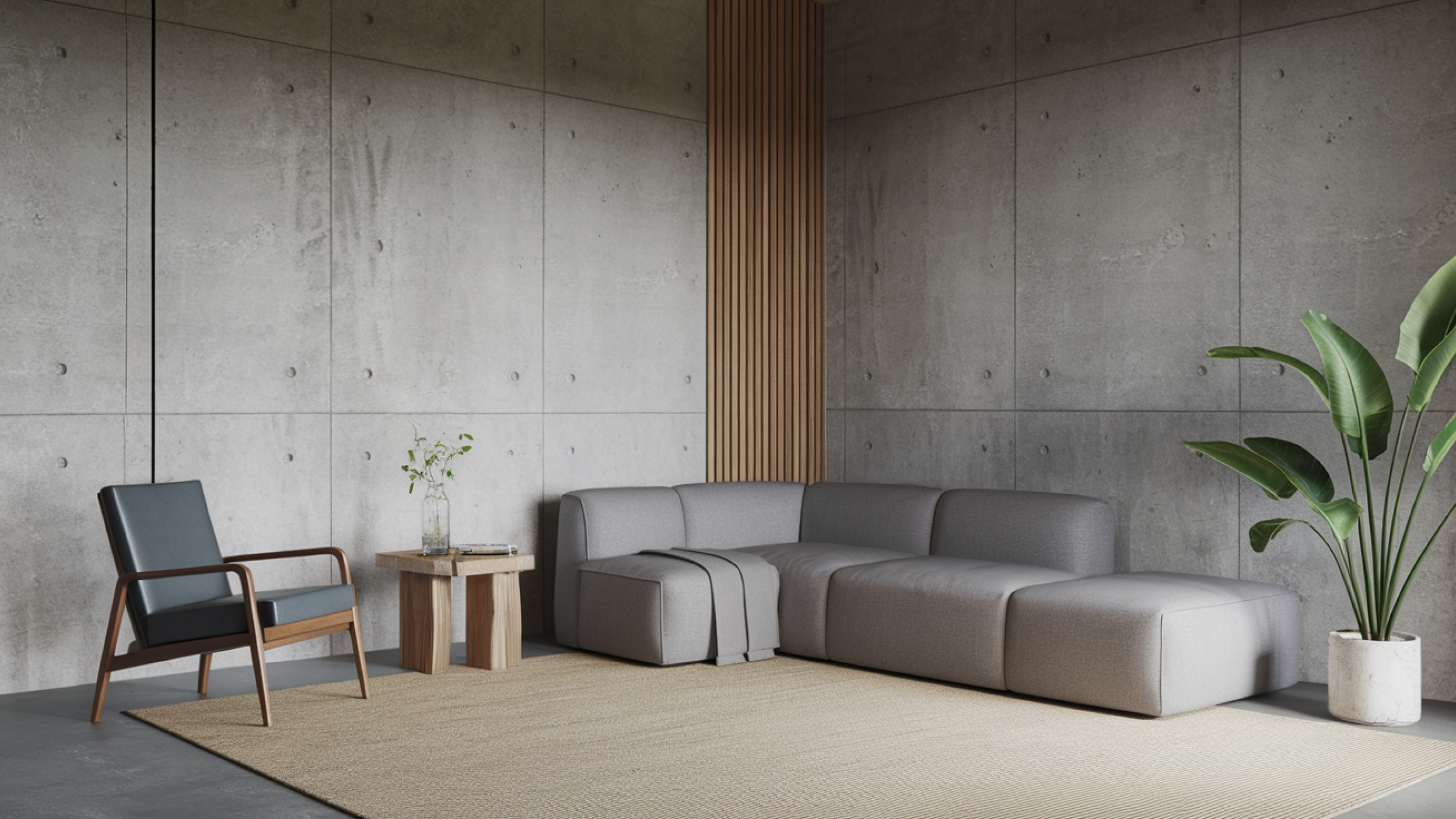 Living room with black armchair and dark gray sofa